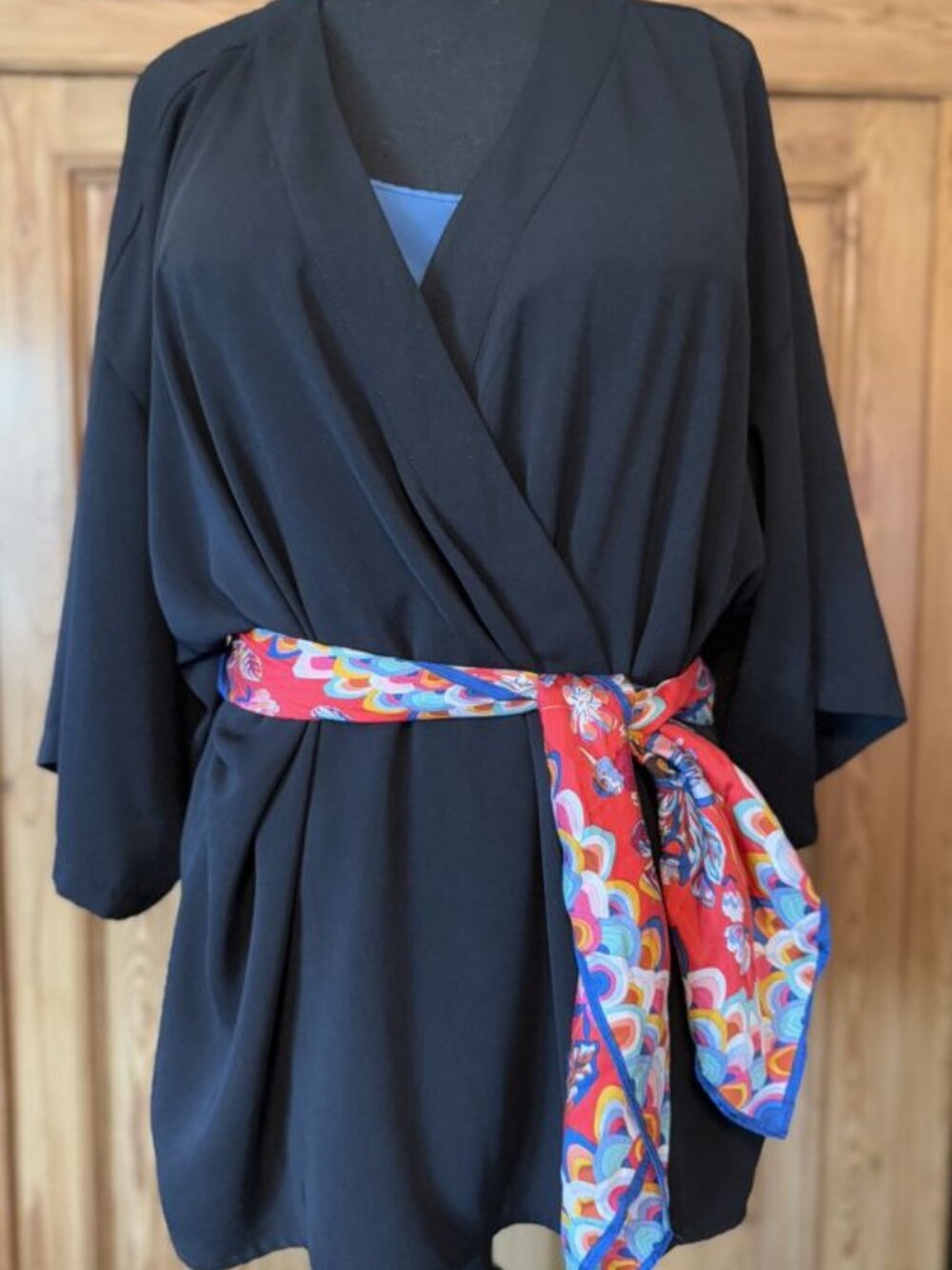 Navy Kimono Wrap Top with Floral Sash Size XL